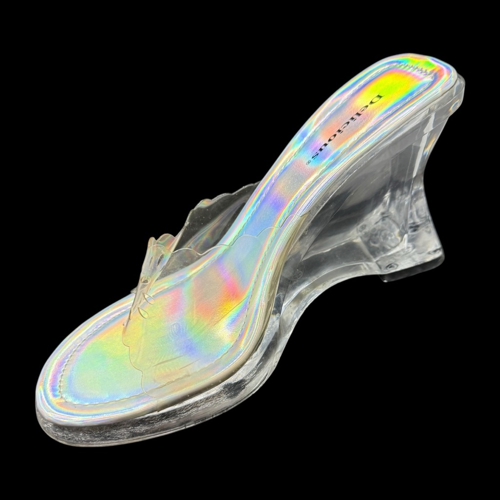 Sz 8.5 90s/Y2K Clear Chunky Acrylic 4” Block Heels Holographic Open Toe Vintage - Picture 10 of 13